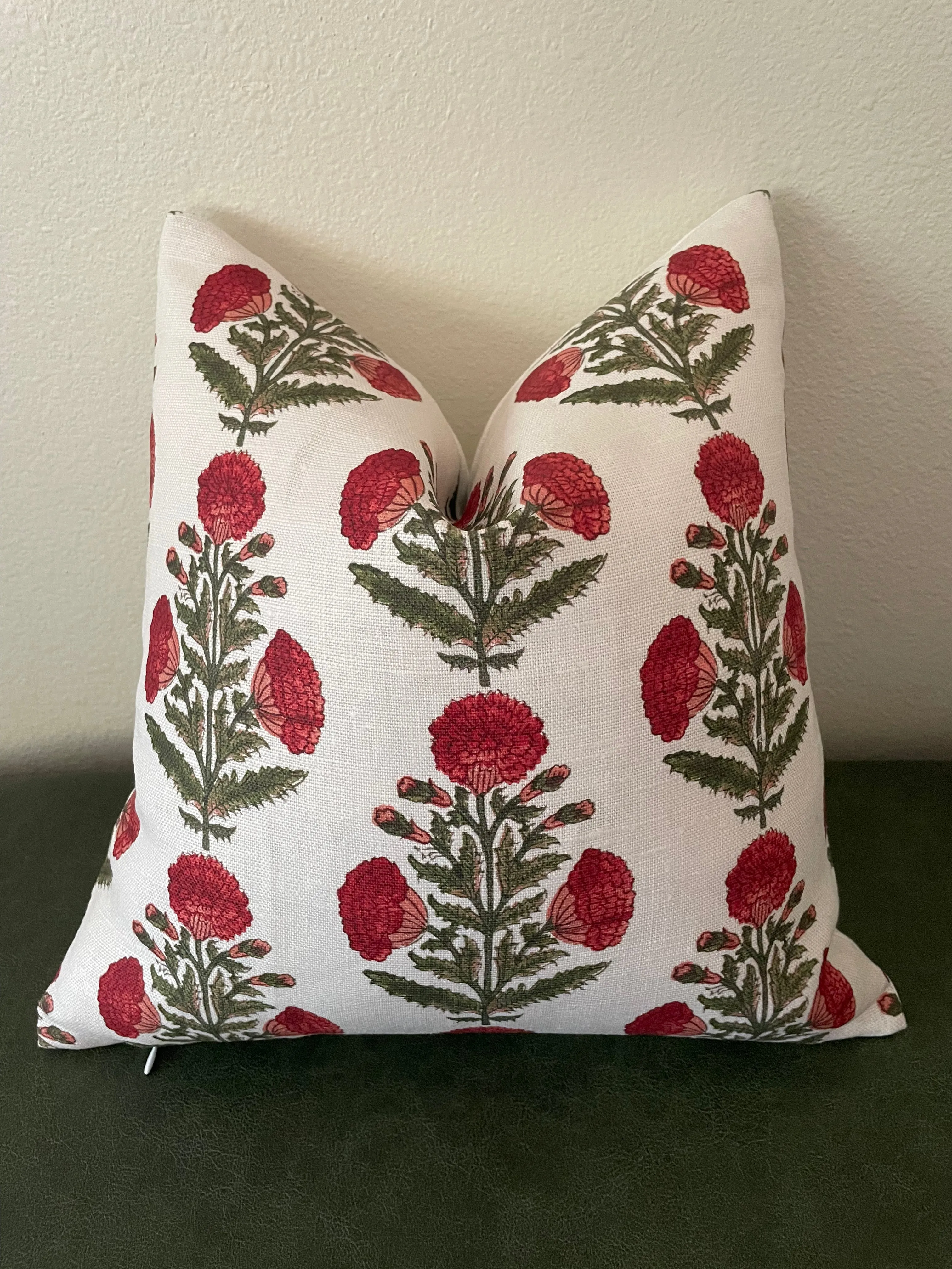 Red & Green Carnation Bouquet Block Printed Linen Pillow Cover: Available in 10 Sizes