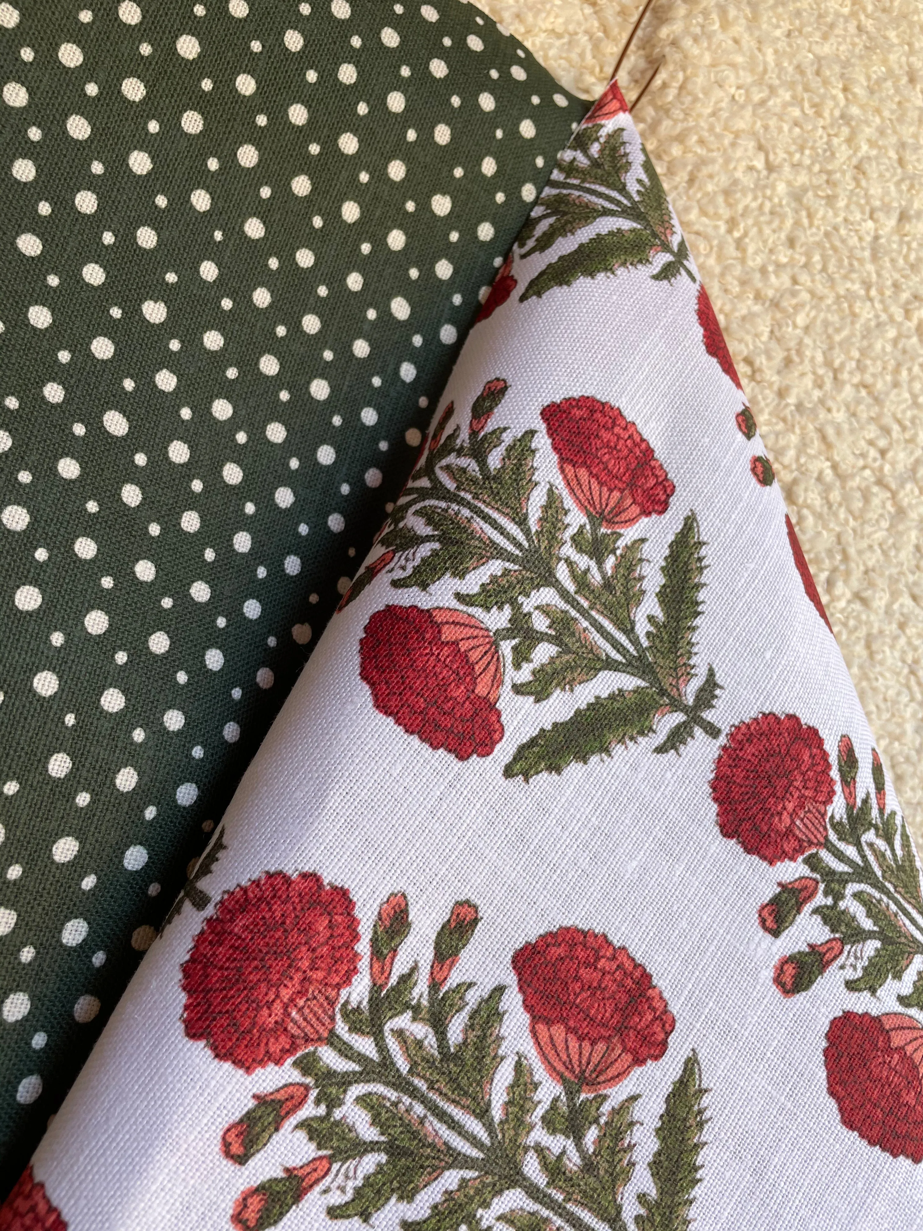 Red & Green Carnation Bouquet Block Printed Linen Pillow Cover: Available in 10 Sizes