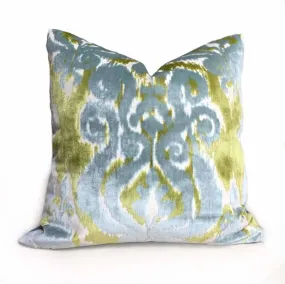 Robert Allen Velvet Bliss Ikat Damask Green Blue Cut Velvet Pillow Cover