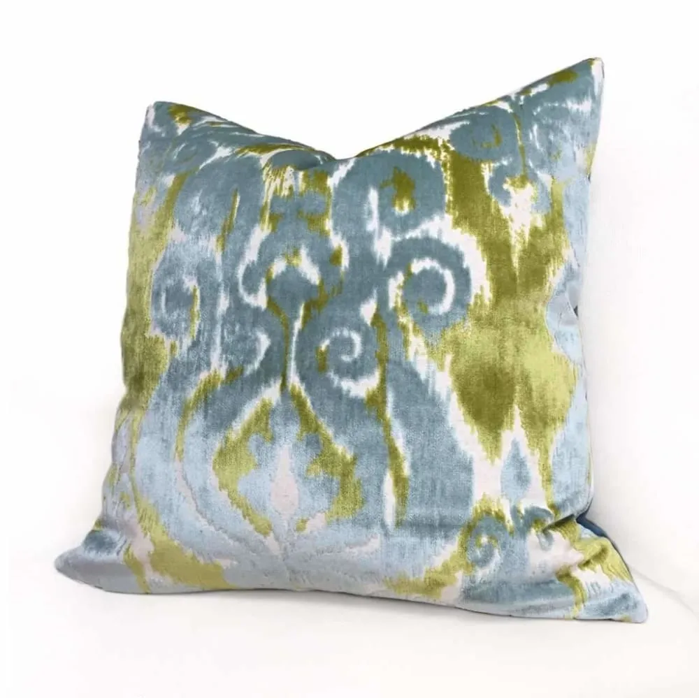 Robert Allen Velvet Bliss Ikat Damask Green Blue Cut Velvet Pillow Cover