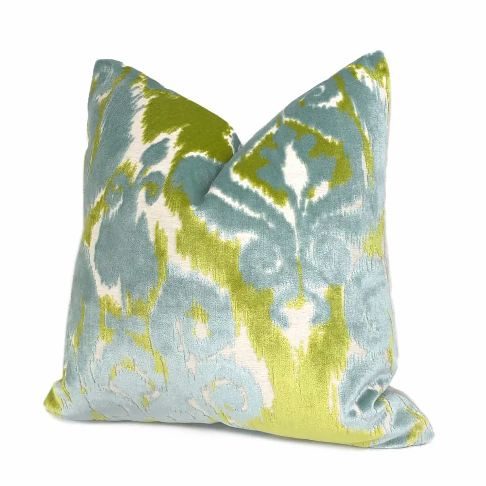 Robert Allen Velvet Bliss Ikat Damask Green Blue Cut Velvet Pillow Cover