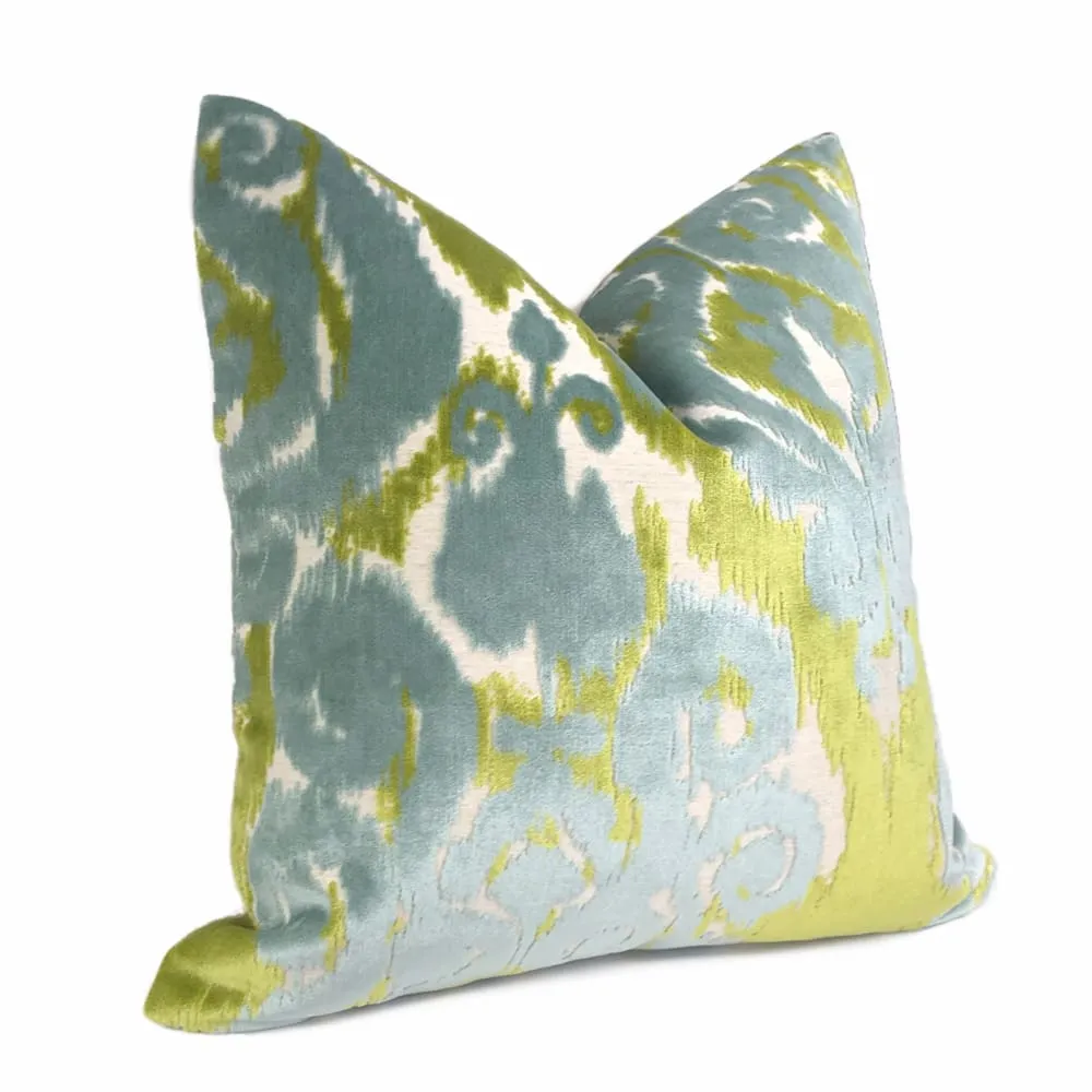 Robert Allen Velvet Bliss Ikat Damask Green Blue Cut Velvet Pillow Cover