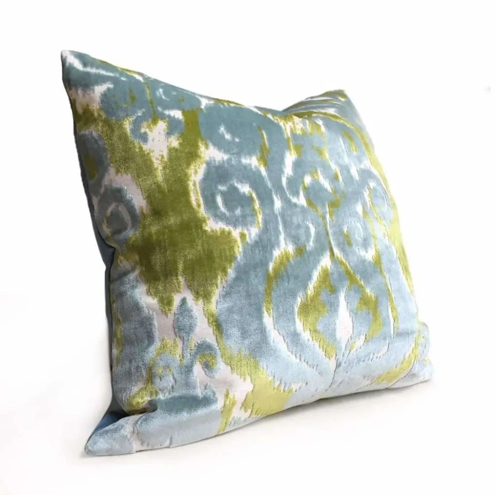 Robert Allen Velvet Bliss Ikat Damask Green Blue Cut Velvet Pillow Cover