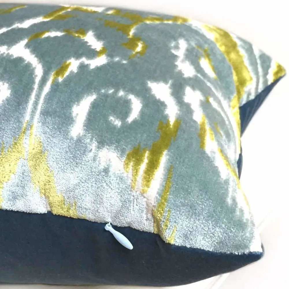 Robert Allen Velvet Bliss Ikat Damask Green Blue Cut Velvet Pillow Cover