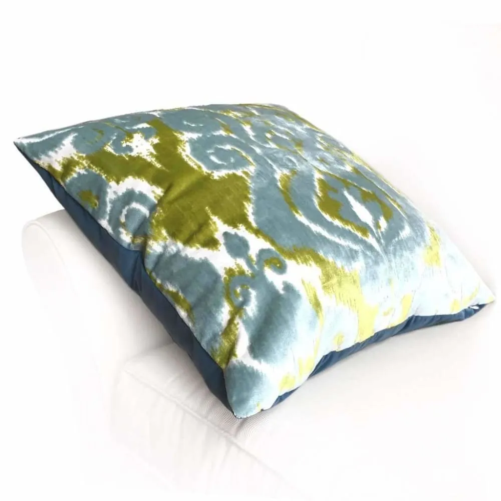 Robert Allen Velvet Bliss Ikat Damask Green Blue Cut Velvet Pillow Cover