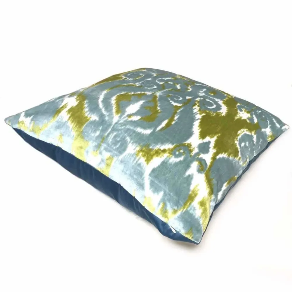 Robert Allen Velvet Bliss Ikat Damask Green Blue Cut Velvet Pillow Cover