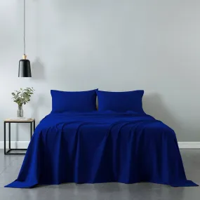 Royal Comfort Vintage Washed 100% Cotton Sheet Set Fitted Flat Sheet Pillowcases Double Royal Blue