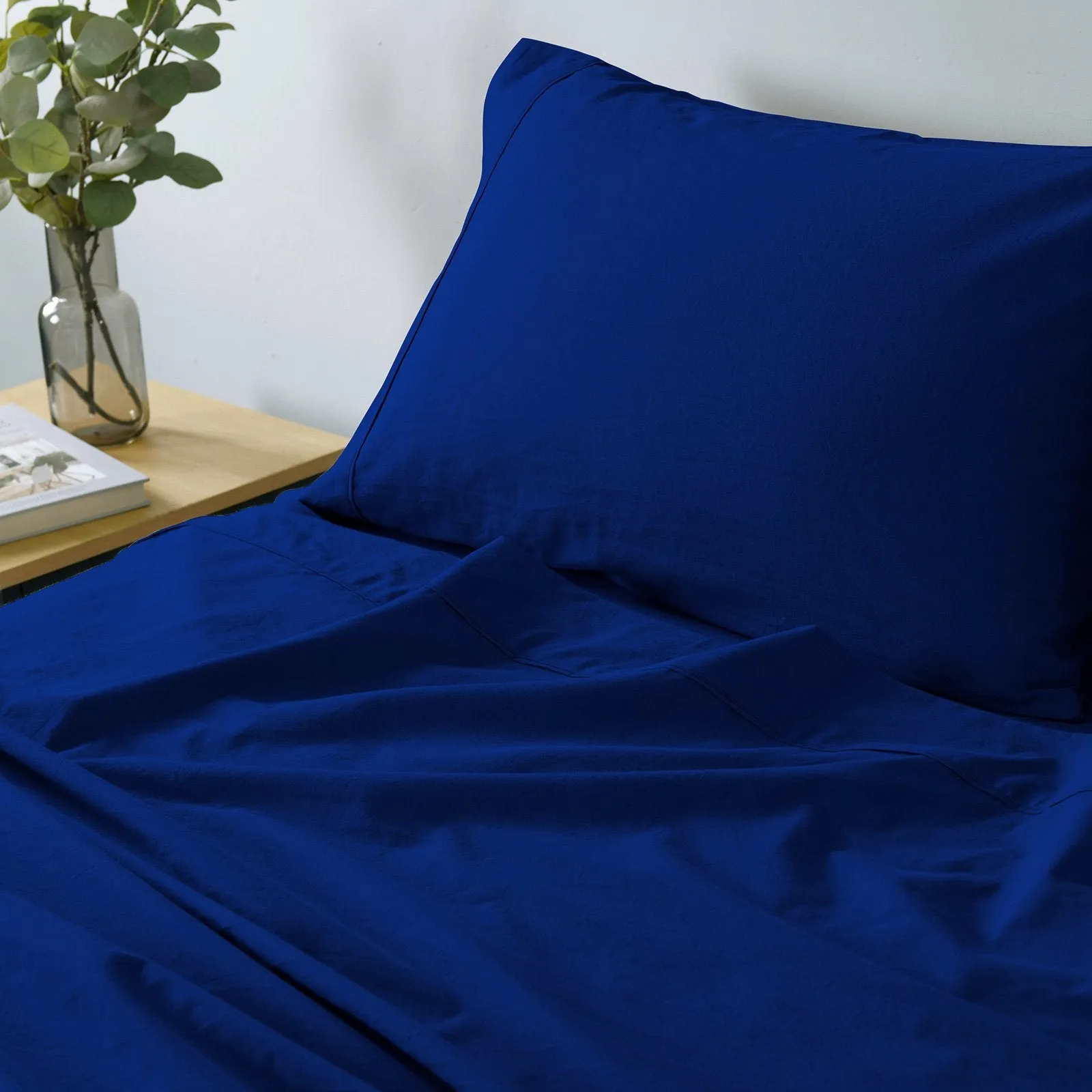 Royal Comfort Vintage Washed 100% Cotton Sheet Set Fitted Flat Sheet Pillowcases Double Royal Blue