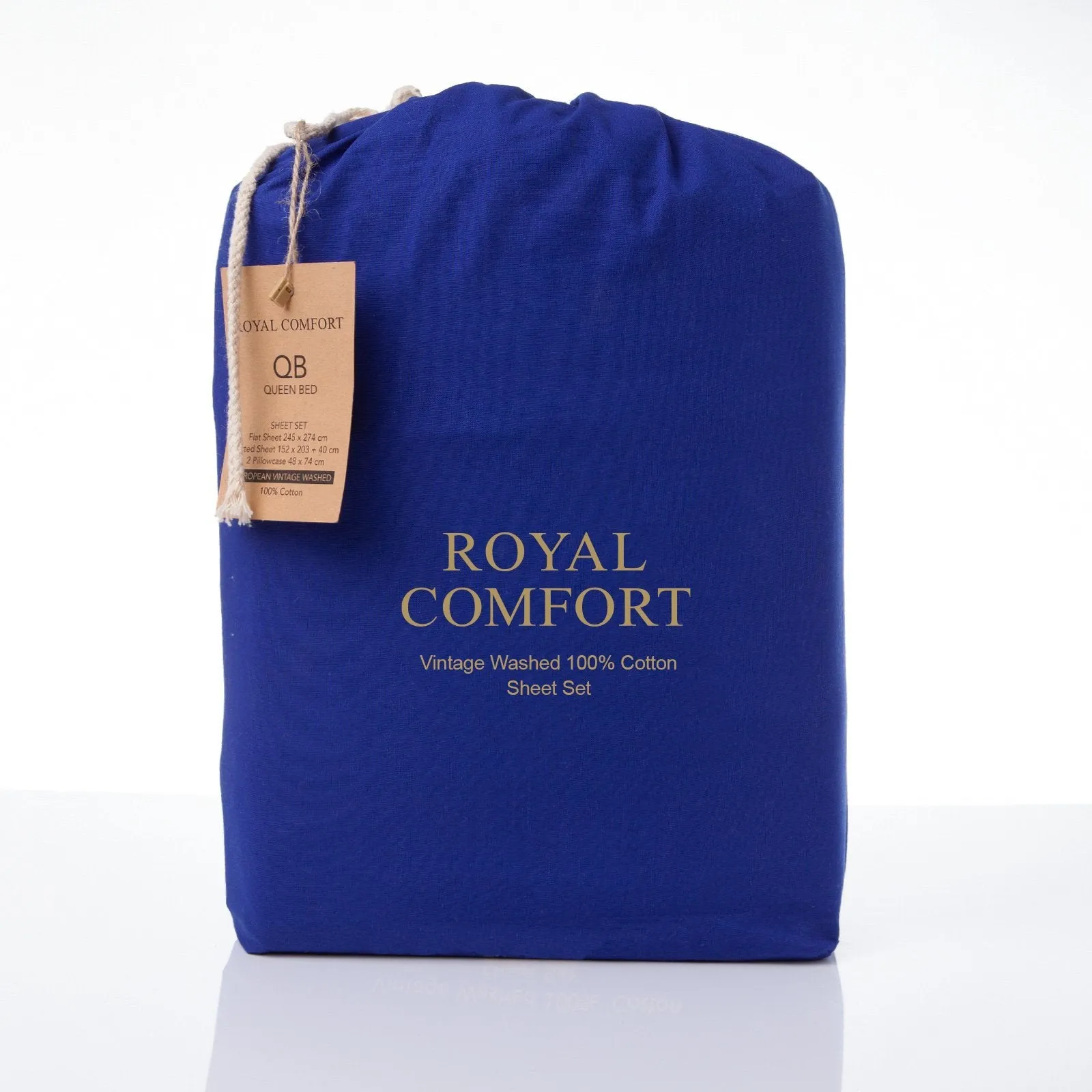 Royal Comfort Vintage Washed 100% Cotton Sheet Set Fitted Flat Sheet Pillowcases Double Royal Blue