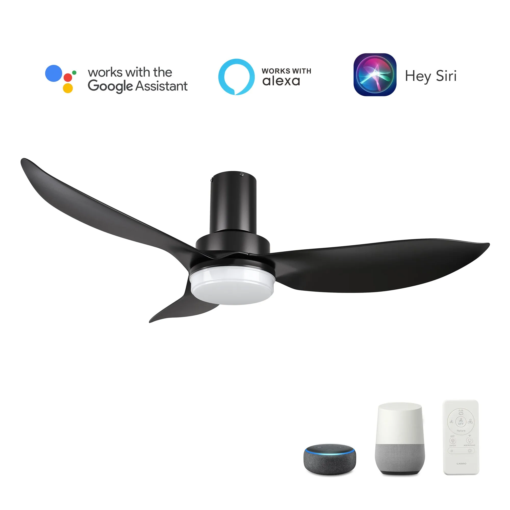 RYNA 45 inch 3-Blade Flush Mount Smart Ceiling Fan with LED Light Kit & Remote- Black/Black