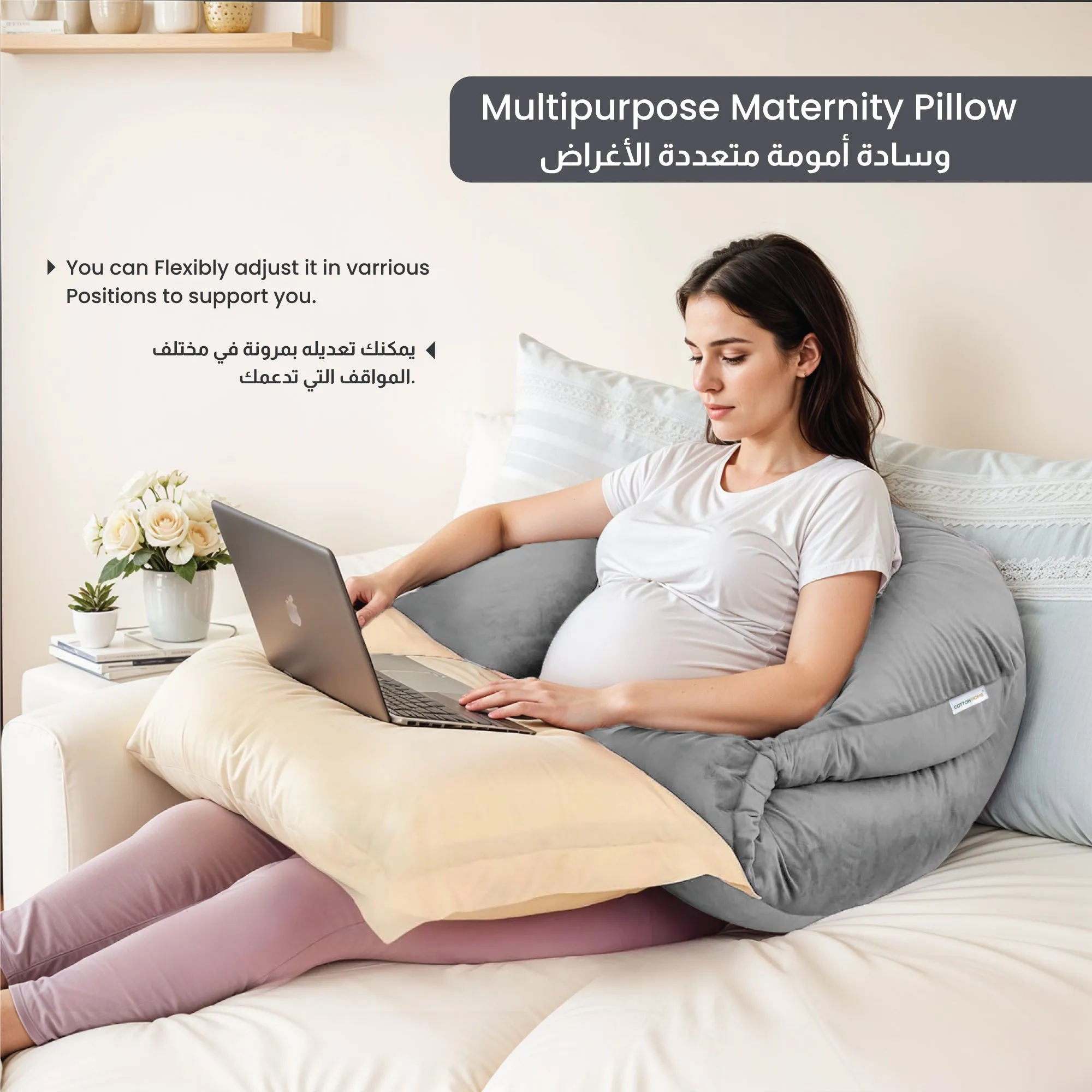 Serenity Velvet Pregnancy Pillow U-Shape Full Body Pillow  With Removable Cover Grey