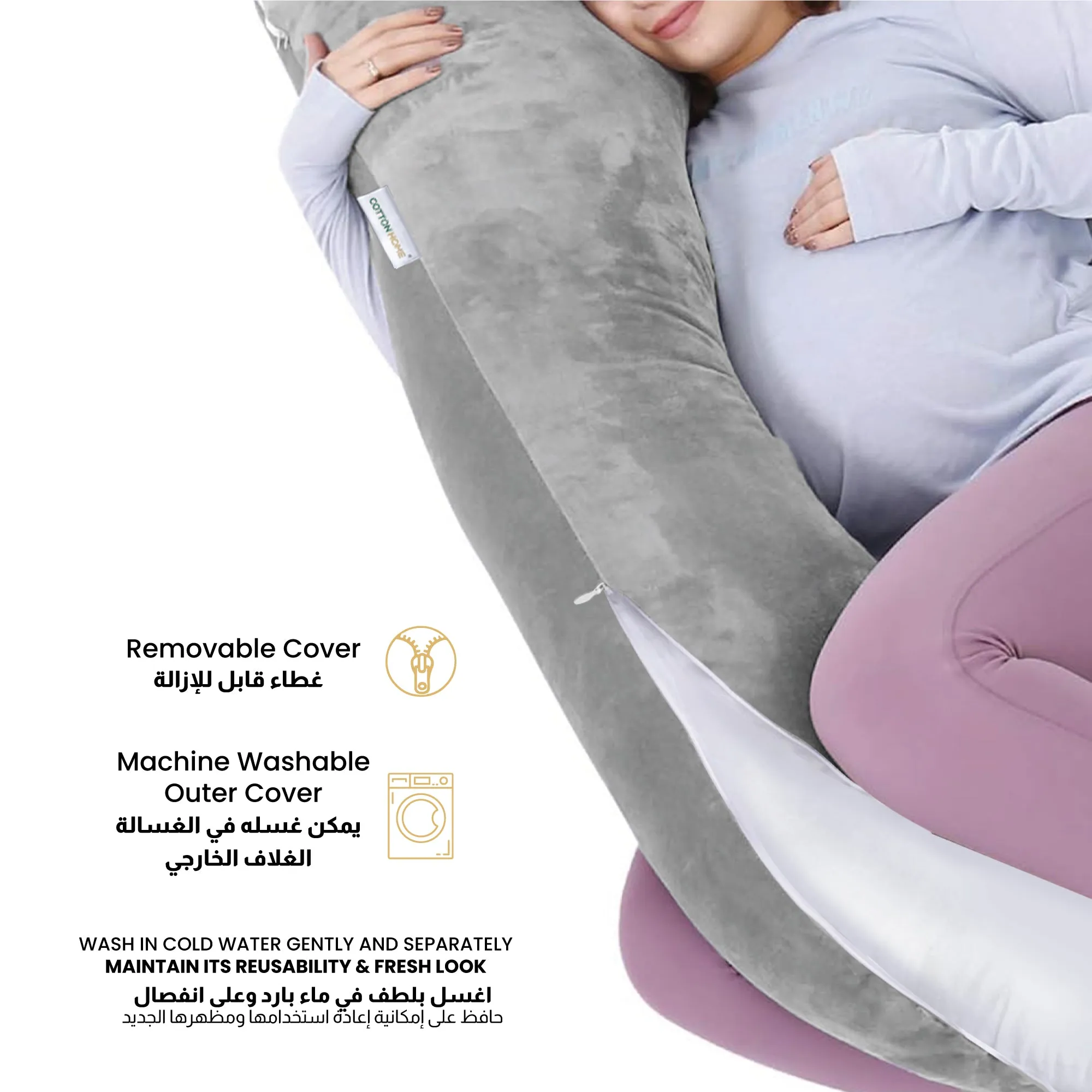 Serenity Velvet Pregnancy Pillow U-Shape Full Body Pillow  With Removable Cover Grey