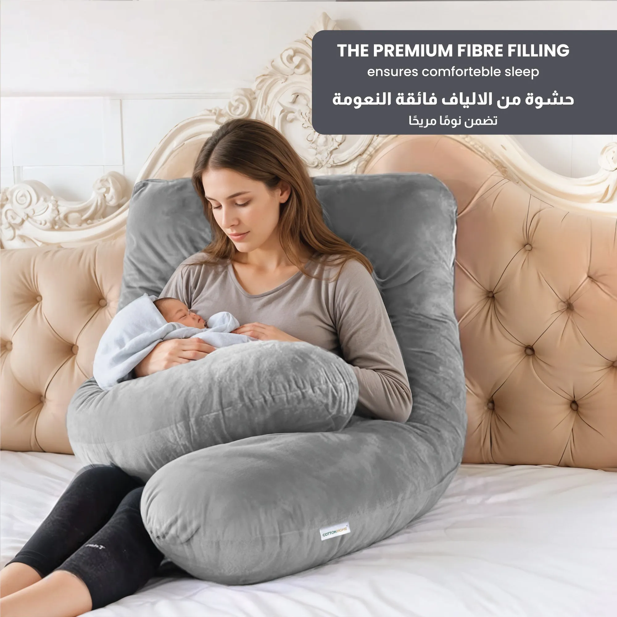 Serenity Velvet Pregnancy Pillow U-Shape Full Body Pillow  With Removable Cover Grey