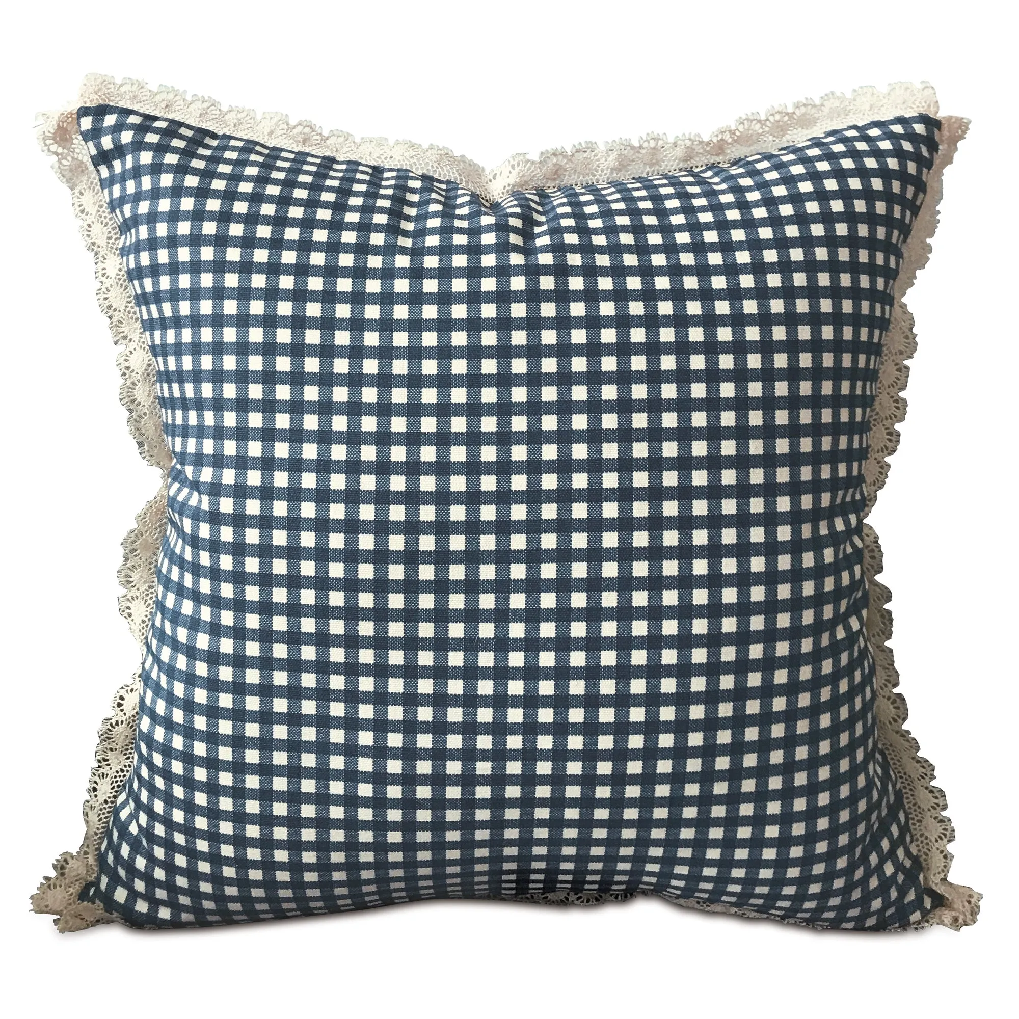 Shabby Chic Blue Gingham Throw Pillow Cover with Lace 18x18