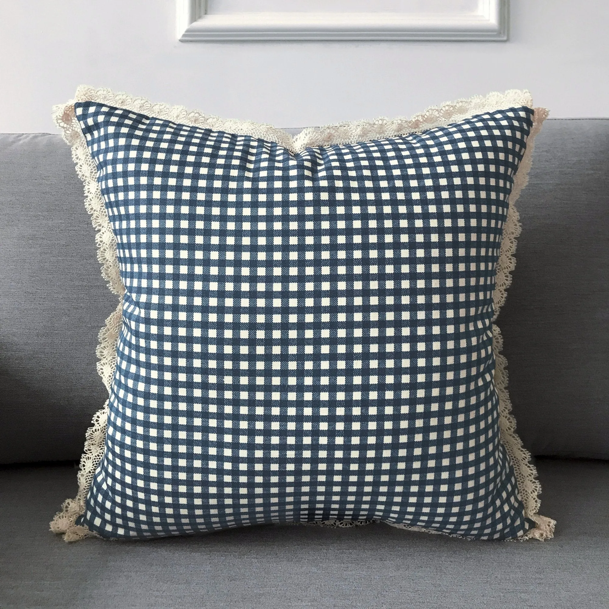 Shabby Chic Blue Gingham Throw Pillow Cover with Lace 18x18