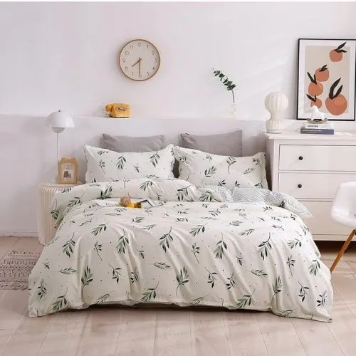 Single Size 4 Pieces Without filler, Reversible Duvet cover Set With Small Green Leaves design