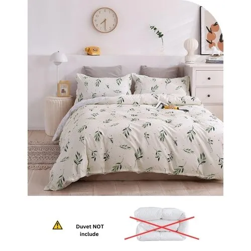 Single Size 4 Pieces Without filler, Reversible Duvet cover Set With Small Green Leaves design