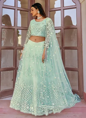 Sky Blue Mirror Embellished Wedding Lehenga Choli