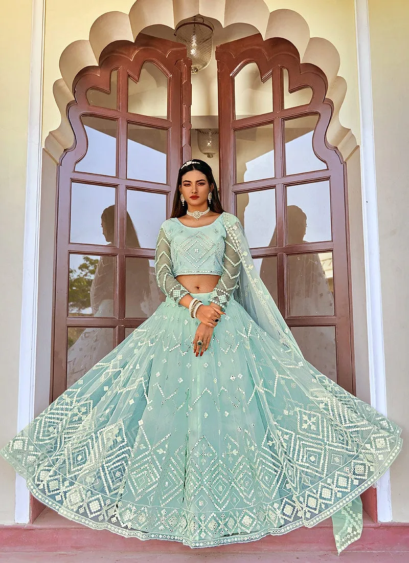 Sky Blue Mirror Embellished Wedding Lehenga Choli