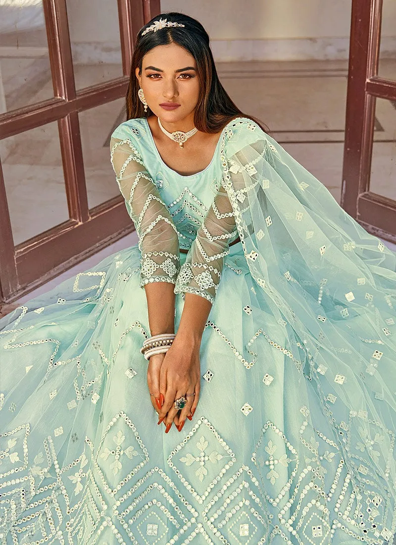 Sky Blue Mirror Embellished Wedding Lehenga Choli