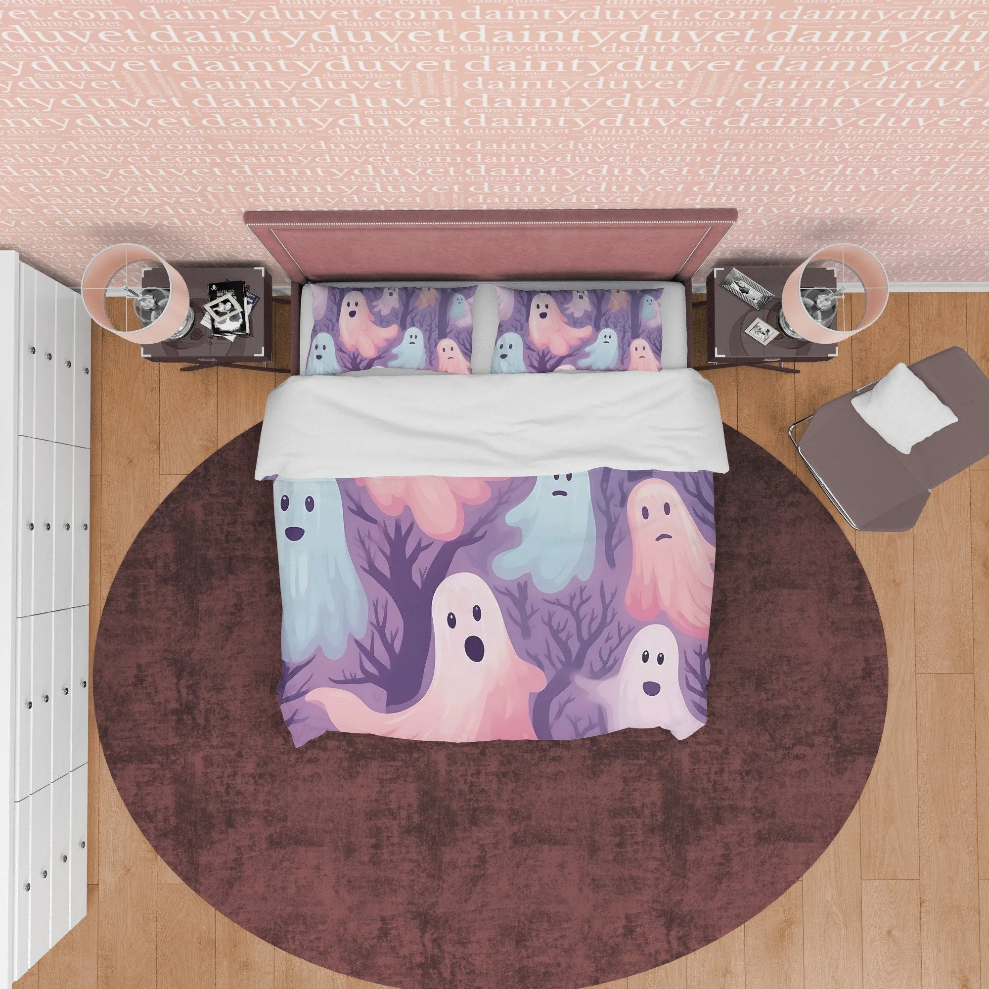 Spooky Pink and Blue Ghosts, Purple Duvet Cover Set, Aesthetic Bedding, Halloween Room Decor, US, UK, European, Australian Bed Size