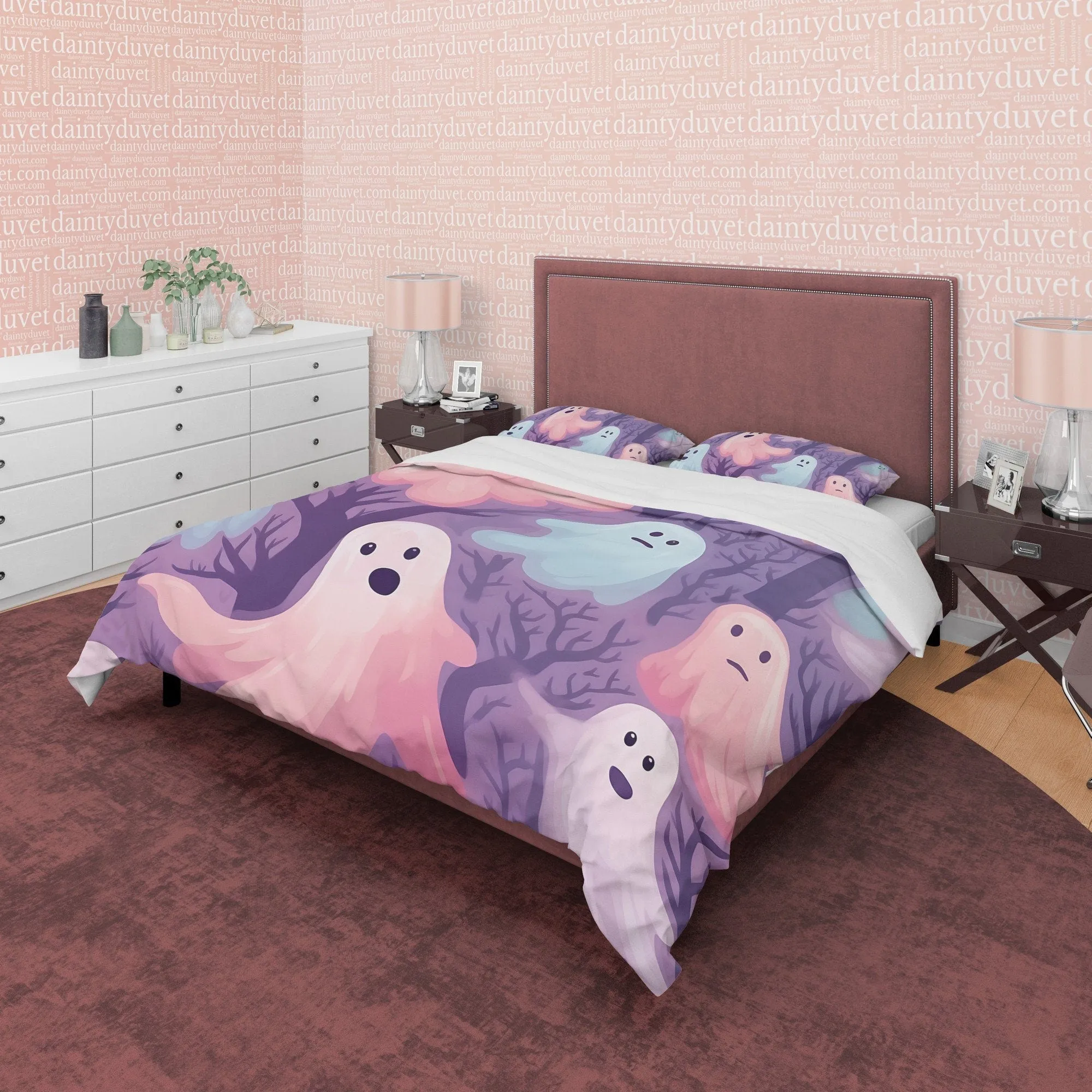 Spooky Pink and Blue Ghosts, Purple Duvet Cover Set, Aesthetic Bedding, Halloween Room Decor, US, UK, European, Australian Bed Size