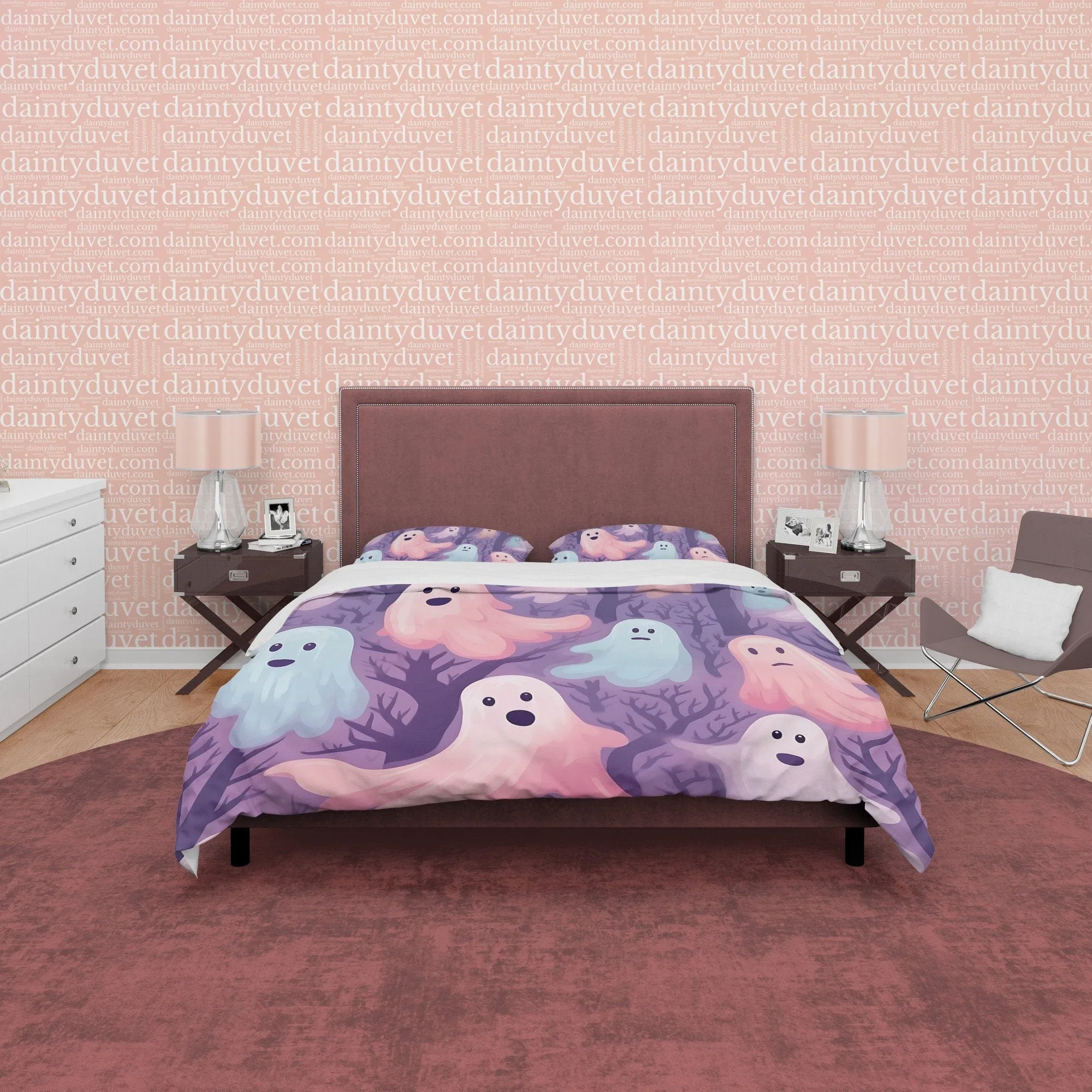 Spooky Pink and Blue Ghosts, Purple Duvet Cover Set, Aesthetic Bedding, Halloween Room Decor, US, UK, European, Australian Bed Size