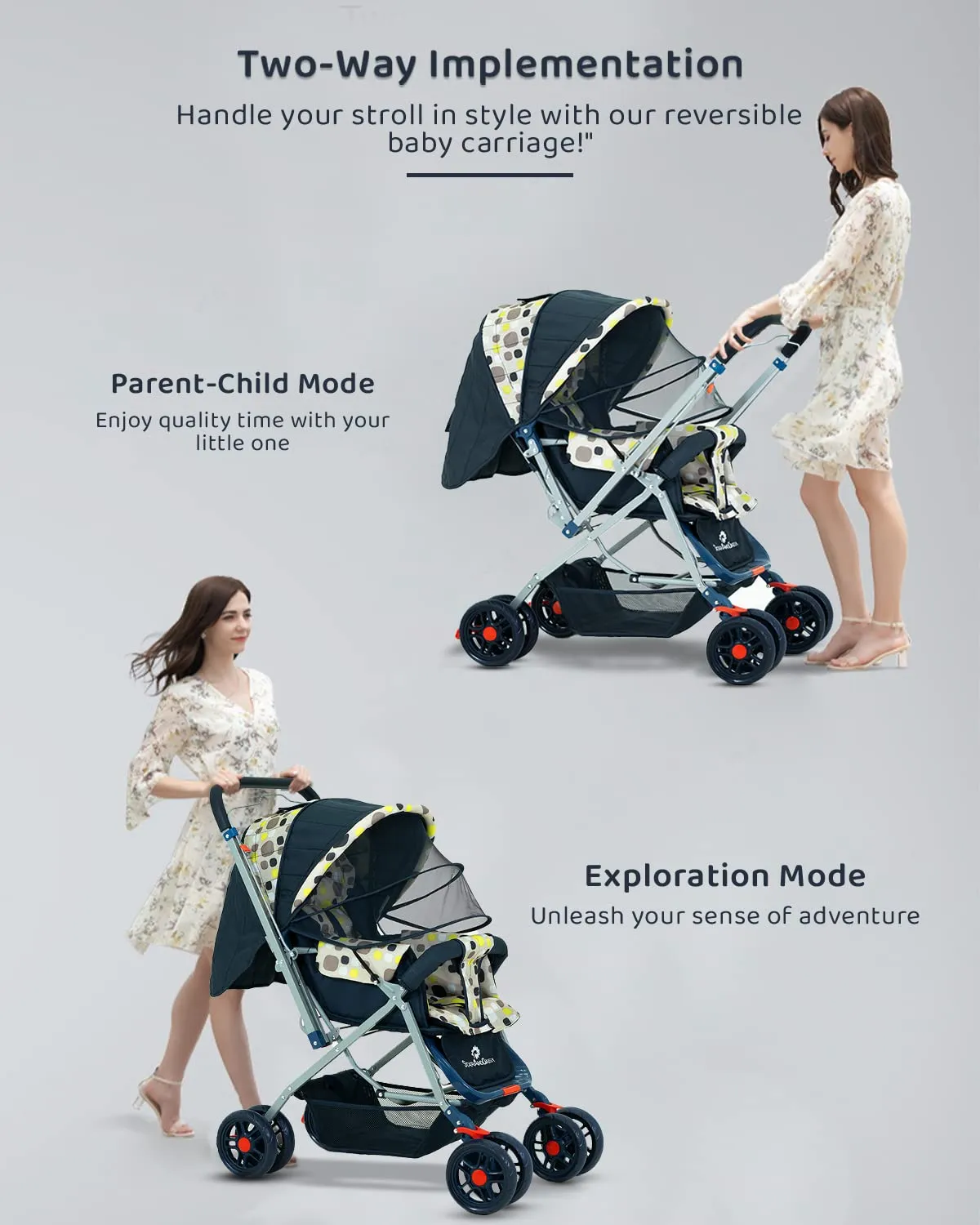 StarAndDaisy Sunrise Baby Stroller/Pram - 0-5 Years, Foldable, Lightweight, 3 Point Safety Harness, Adjustable Backrest, 360° Swivel Wheel, Large Storage Basket, Reversible Handlebar, Extended Mosquito Net (Spectrum)