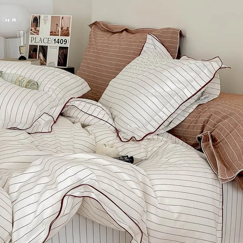 Striped cuffed edges washed cotton sheet four-piece set for summer