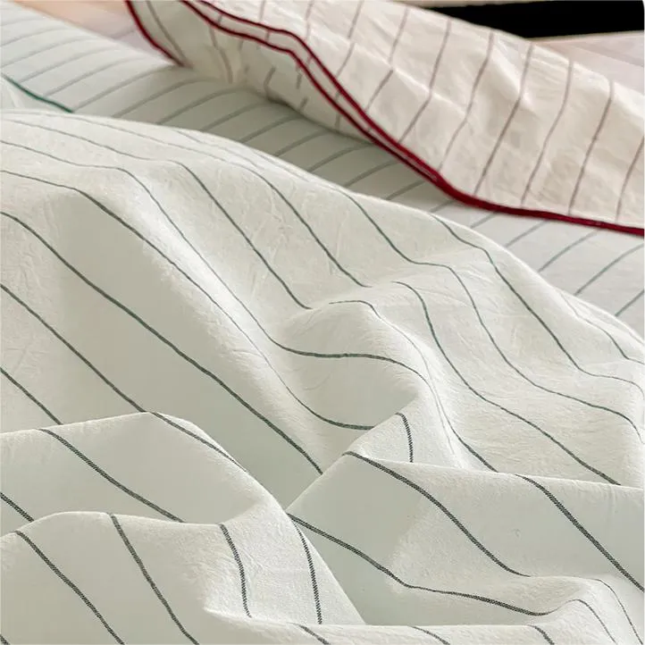 Striped cuffed edges washed cotton sheet four-piece set for summer