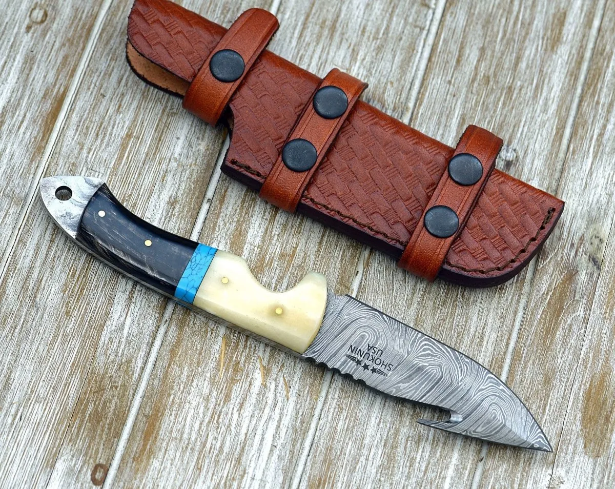 Synapse Damascus Hunting Knife with Gut Hook Horn & Turquoise Handle