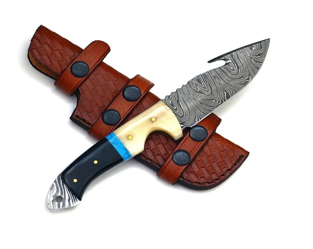 Synapse Damascus Hunting Knife with Gut Hook Horn & Turquoise Handle