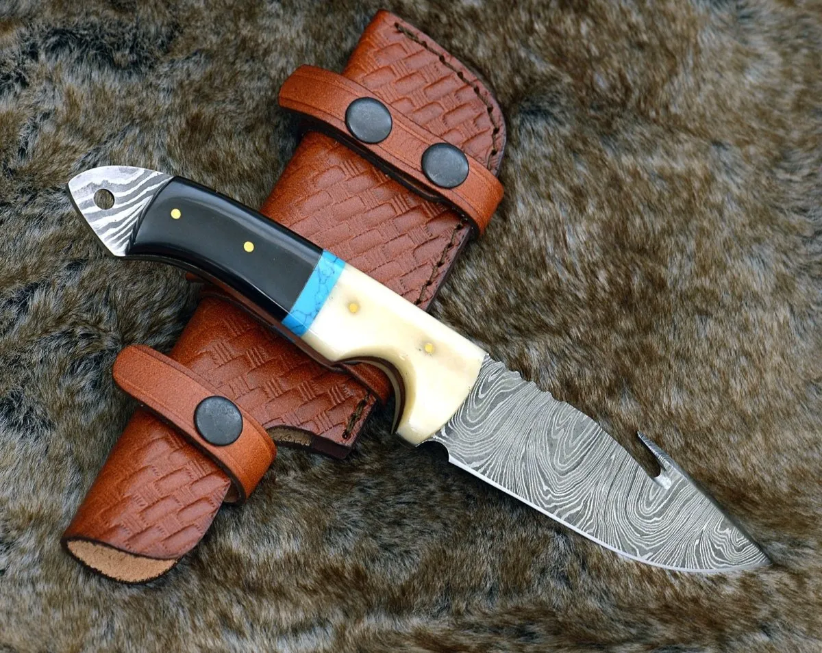 Synapse Damascus Hunting Knife with Gut Hook Horn & Turquoise Handle