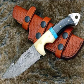 Synapse Damascus Hunting Knife with Gut Hook Horn & Turquoise Handle