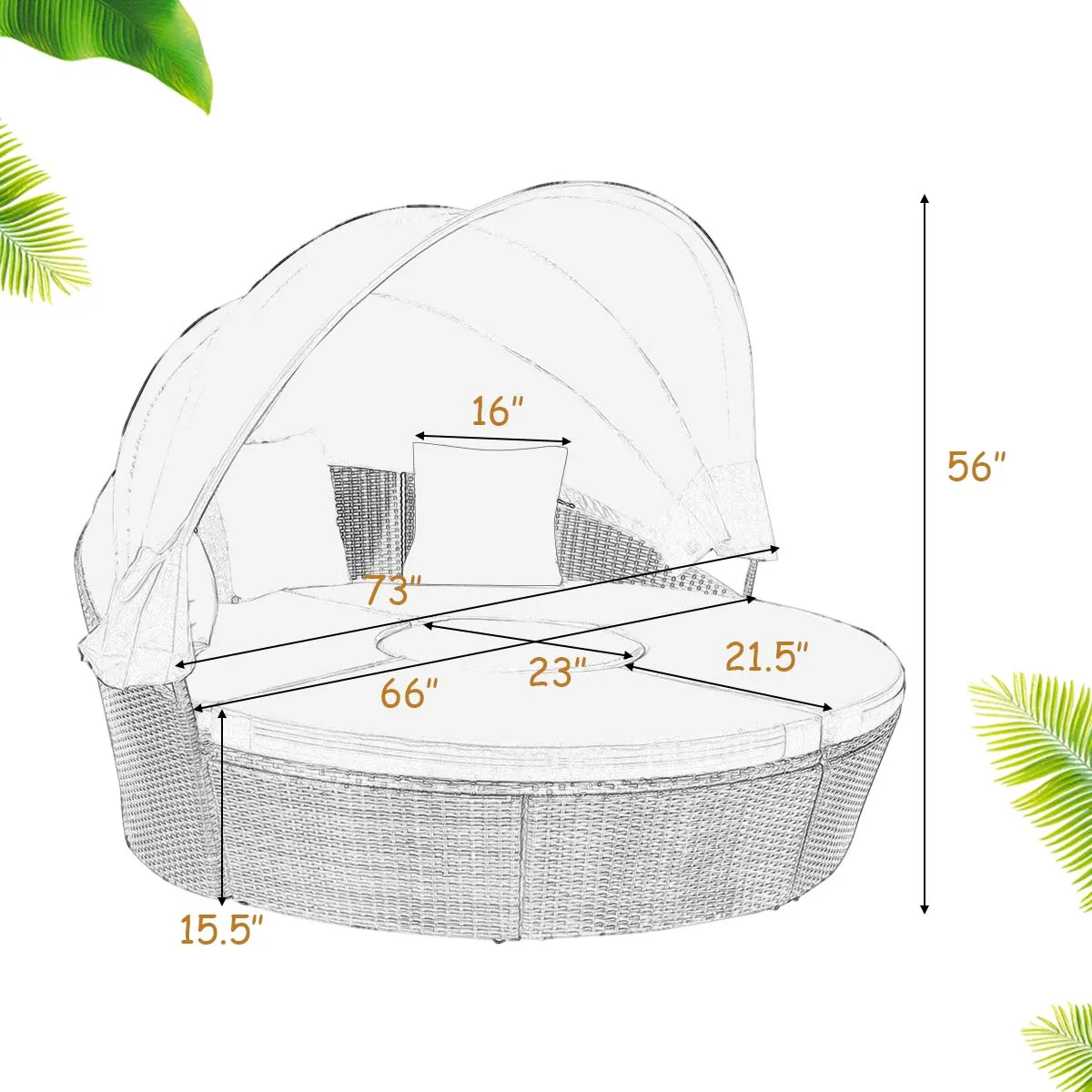 Tangkula Patio Round Daybed with Retractable Canopy, Outdoor Wicker Rattan Furniture Sets