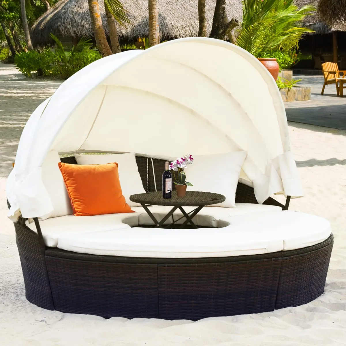 Tangkula Patio Round Daybed with Retractable Canopy, Outdoor Wicker Rattan Furniture Sets