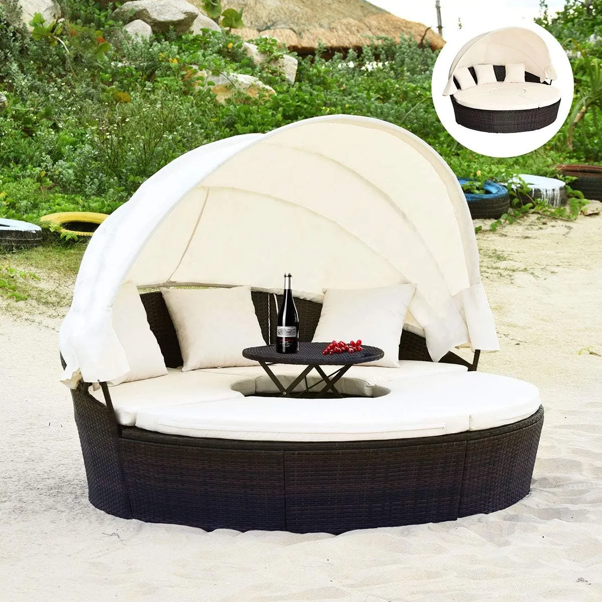 Tangkula Patio Round Daybed with Retractable Canopy, Outdoor Wicker Rattan Furniture Sets