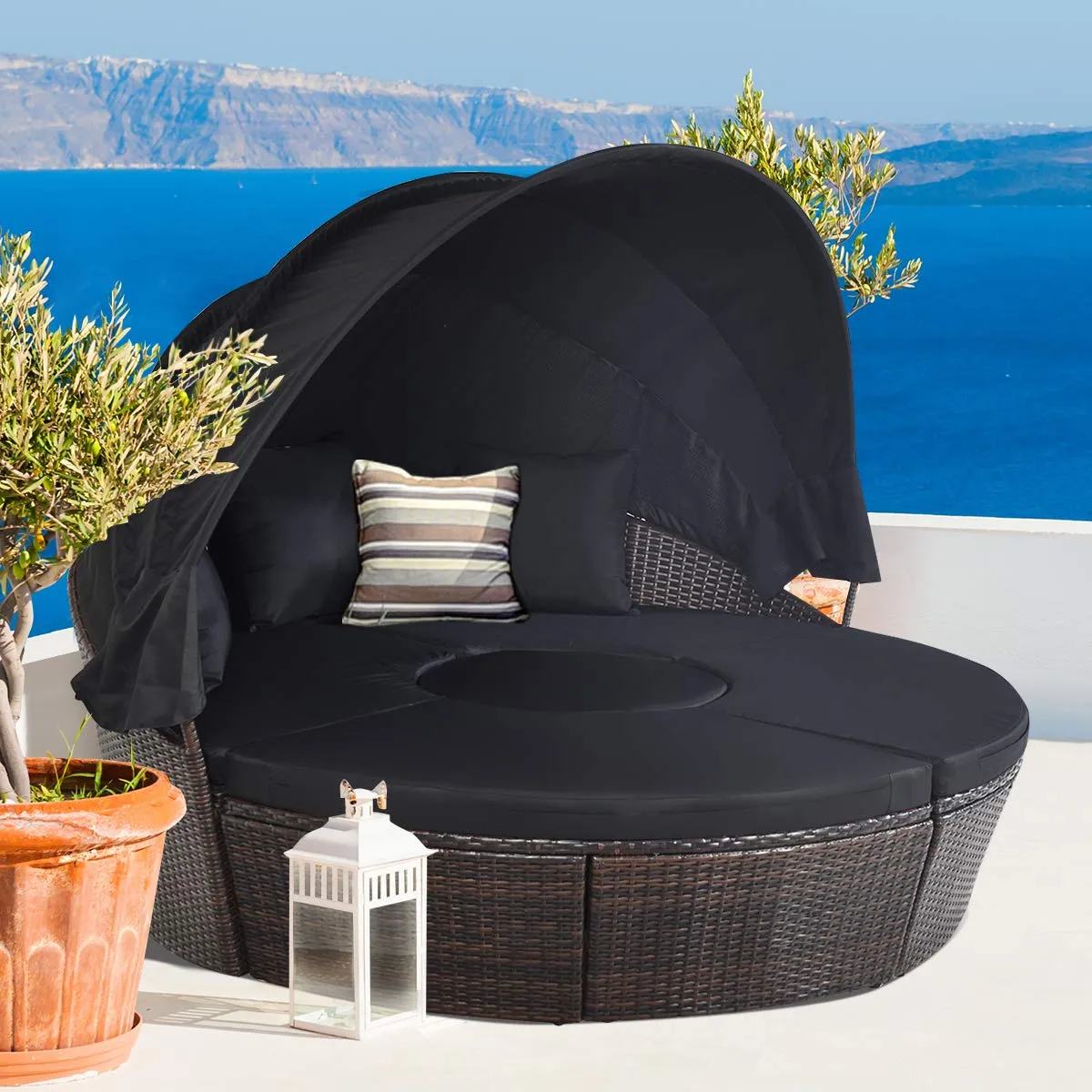 Tangkula Patio Round Daybed with Retractable Canopy, Outdoor Wicker Rattan Furniture Sets