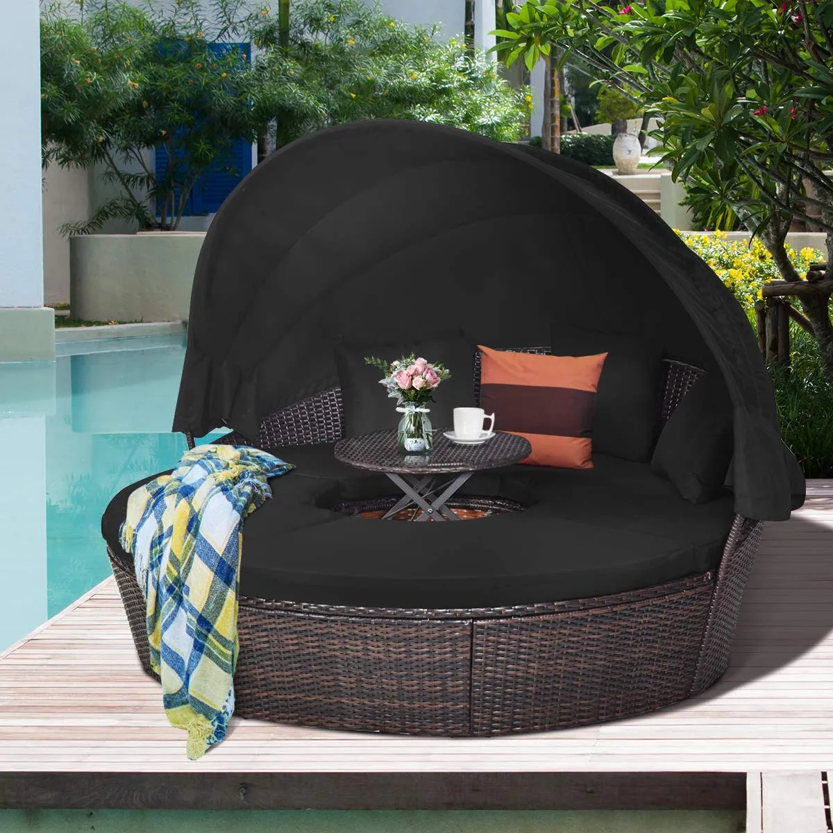 Tangkula Patio Round Daybed with Retractable Canopy, Outdoor Wicker Rattan Furniture Sets