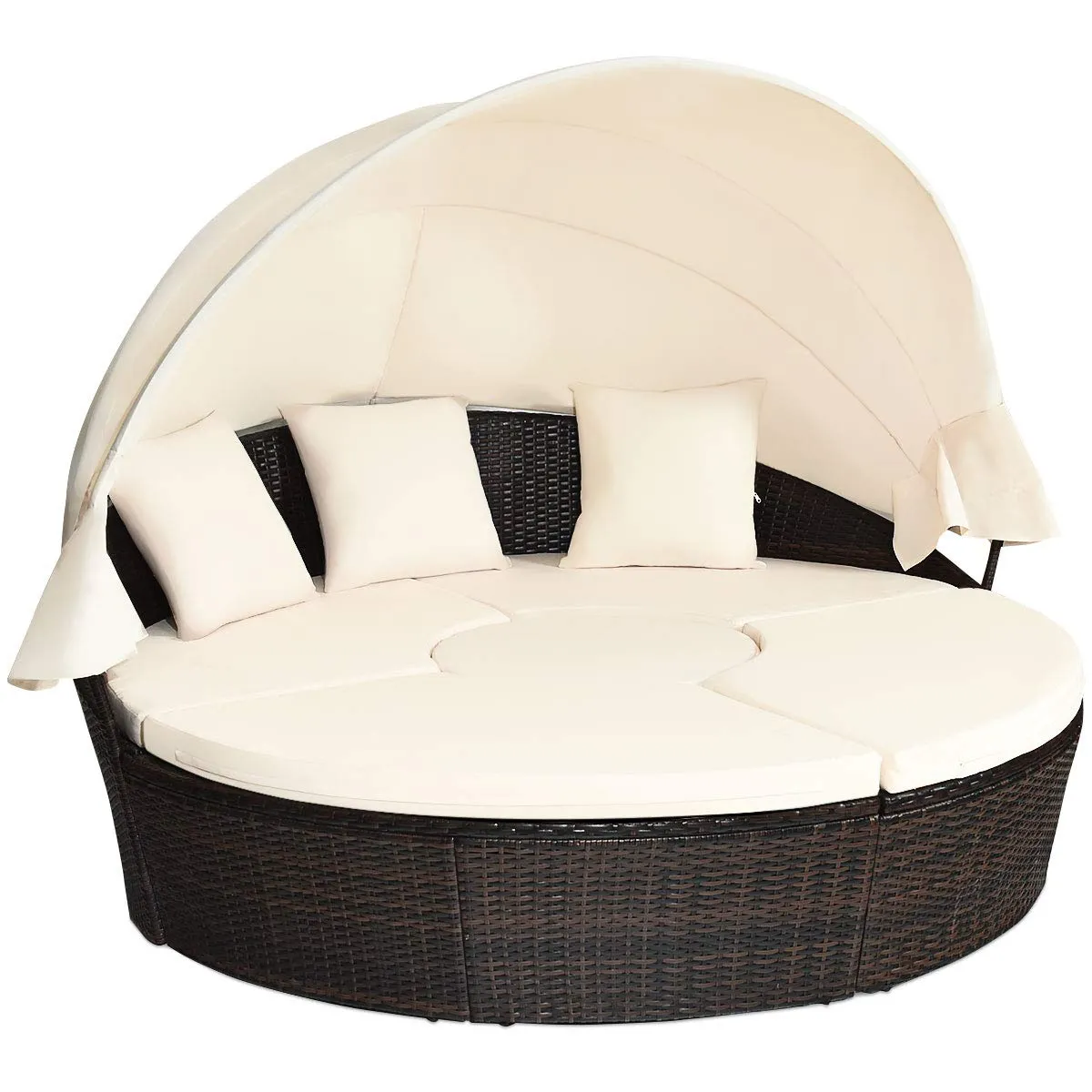 Tangkula Patio Round Daybed with Retractable Canopy, Outdoor Wicker Rattan Furniture Sets