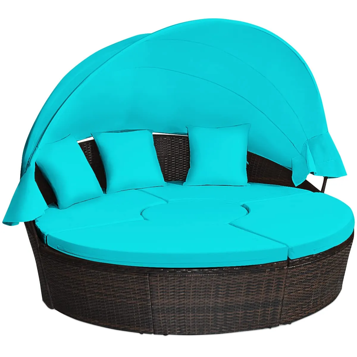 Tangkula Patio Round Daybed with Retractable Canopy, Outdoor Wicker Rattan Furniture Sets