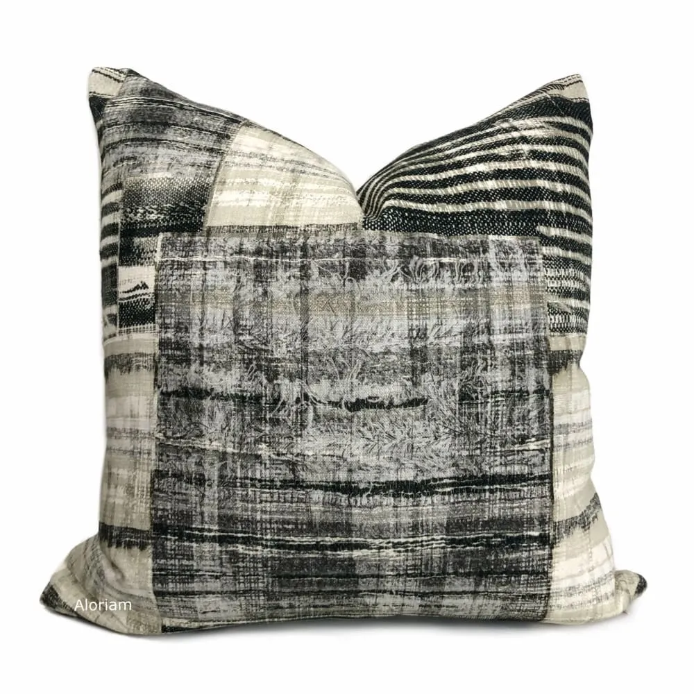 Tariq Black Gray Cream Ethnic Patchwork Cotton Print Pillow Cover