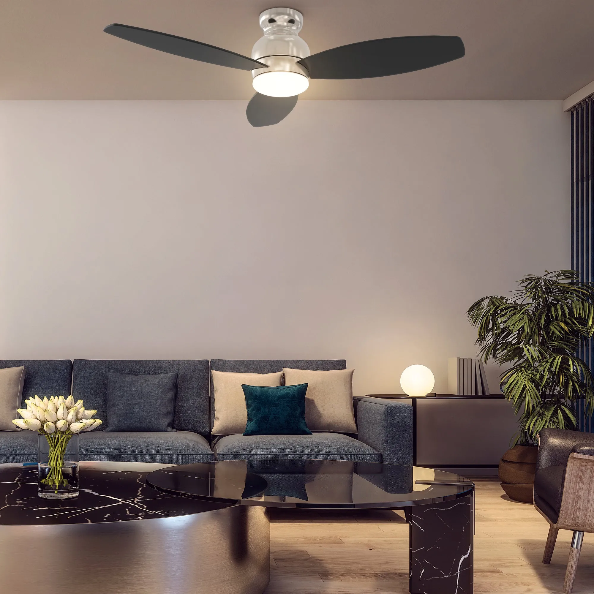 TRENTO 48 inch 3-Blade Flush Mount Smart Ceiling Fan with LED Light Kit & Remote - Silver/Black