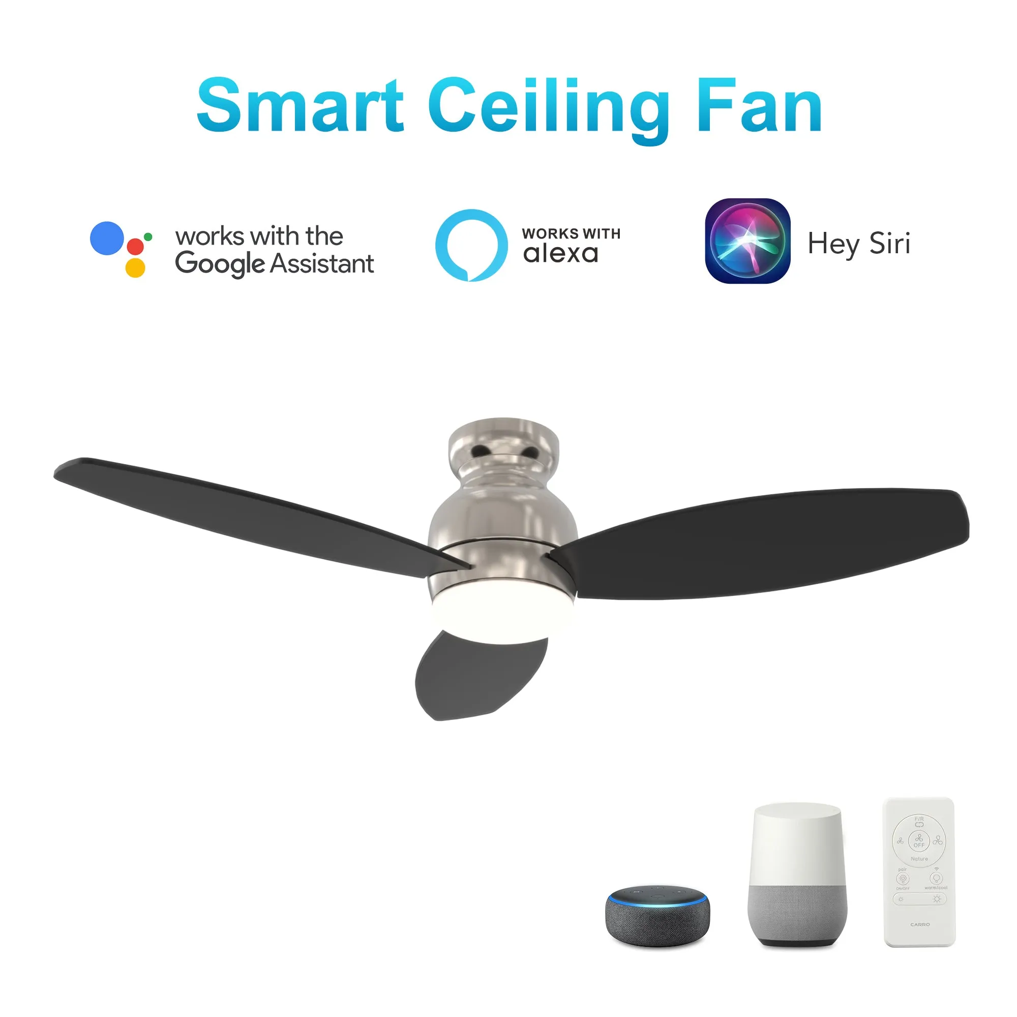 TRENTO 48 inch 3-Blade Flush Mount Smart Ceiling Fan with LED Light Kit & Remote - Silver/Black