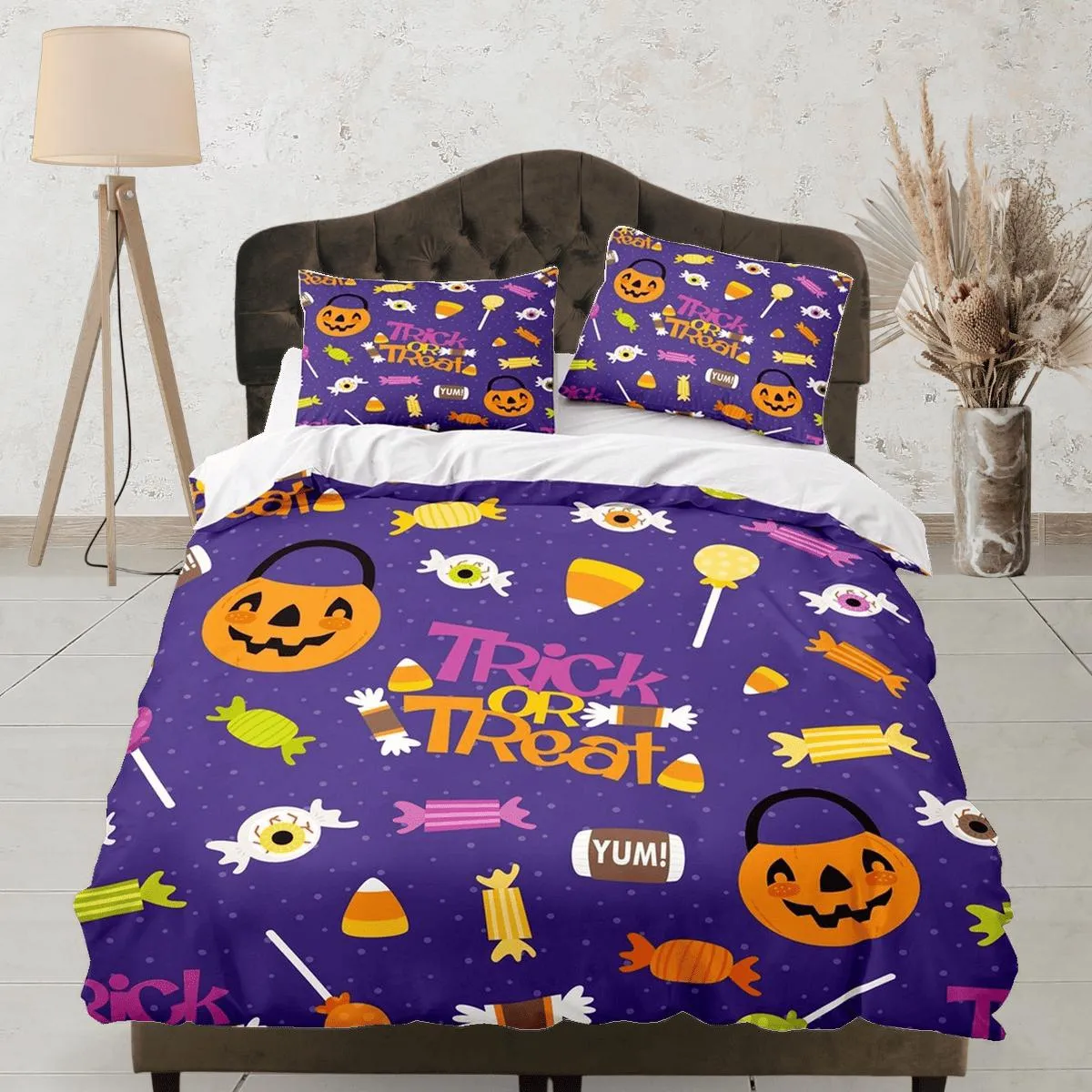 Trick or treat halloween full bedding & pillowcase, periwinkle purple duvet cover set dorm bedding, nursery toddler bedding, halloween gift