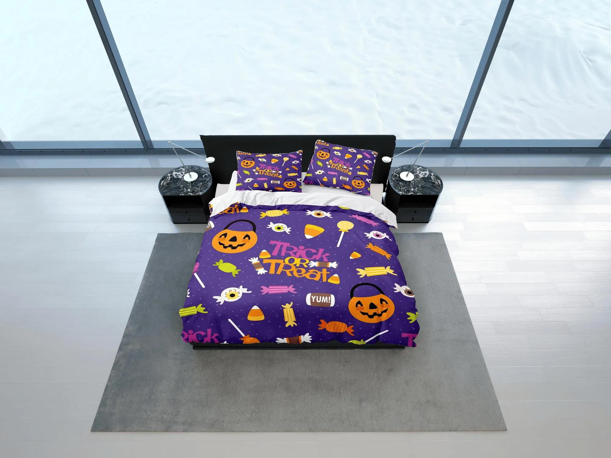 Trick or treat halloween full bedding & pillowcase, periwinkle purple duvet cover set dorm bedding, nursery toddler bedding, halloween gift