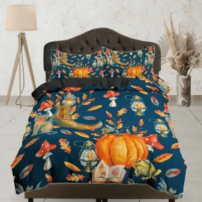 Vintage halloween bedding & pillowcase, blue duvet cover set dorm bedding, halloween decor, toddler bedding, pumpkin mushroom frog prints