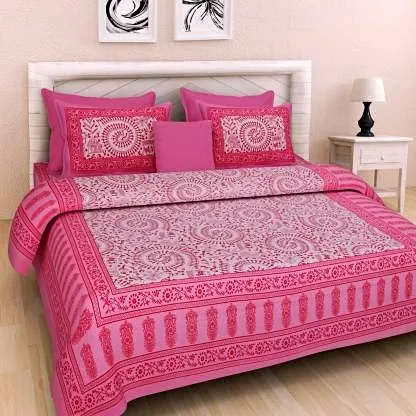 WESTLYN Cotton Rajasthani Jaipuri Traditional Floral King Size Double Bed Bedsheet with 2 Pillow Covers- Pink