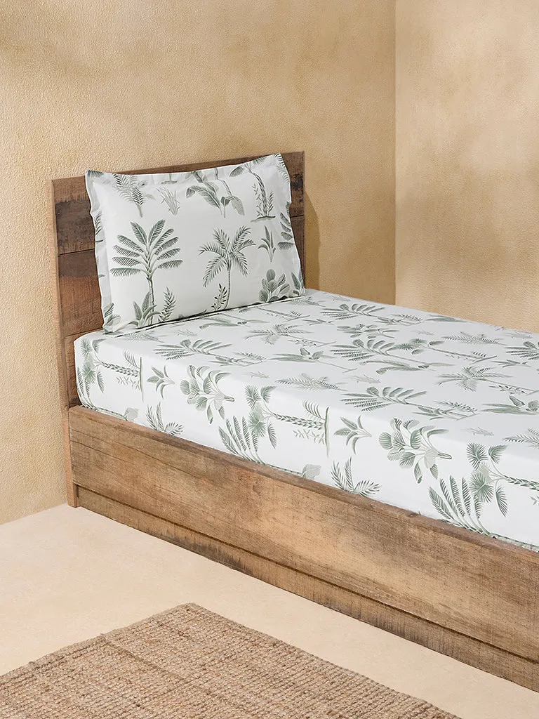 Westside Home Sage Botanical Design Single Bed Fitted Sheet and Pillowcase Set