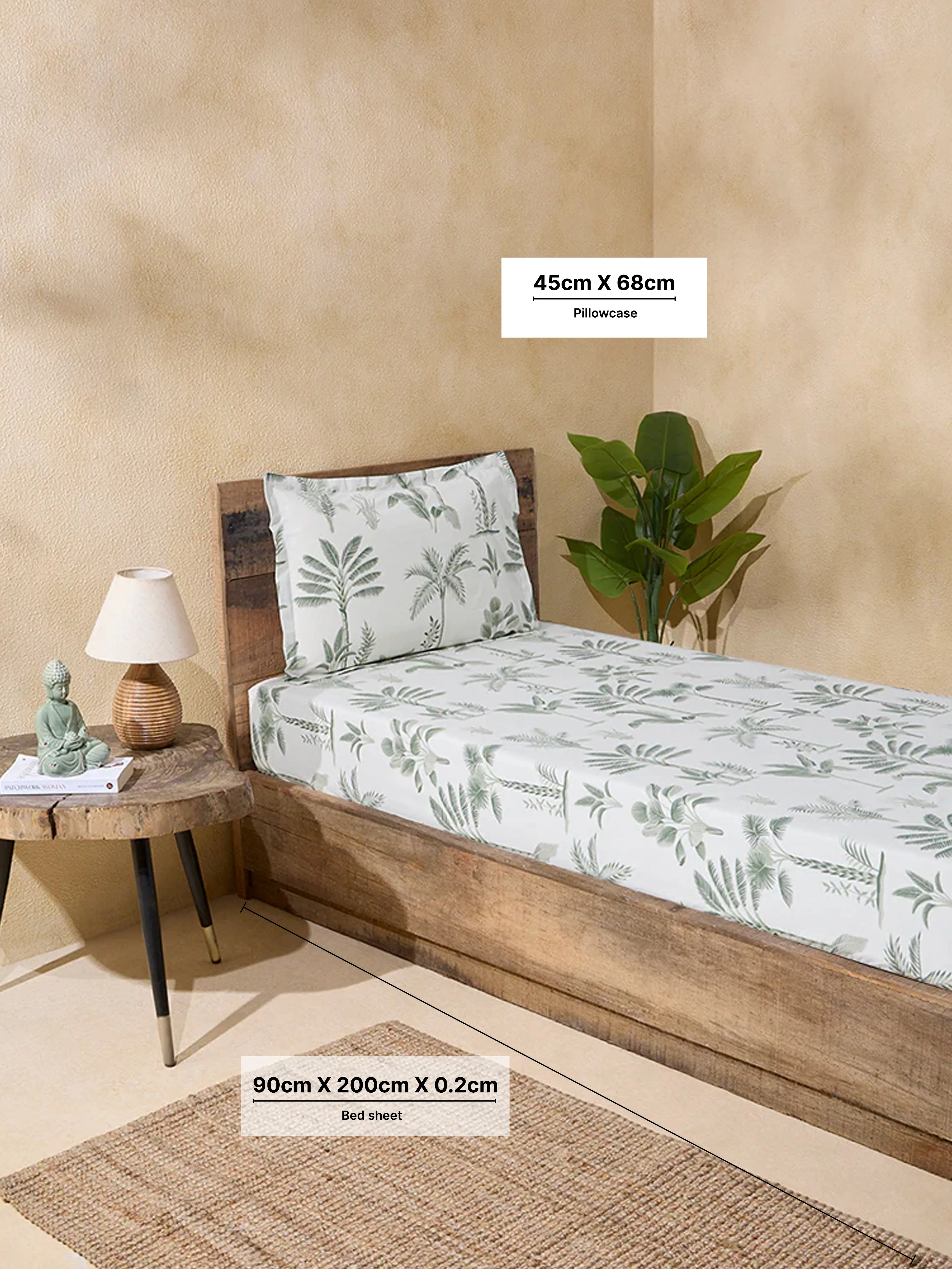 Westside Home Sage Botanical Design Single Bed Fitted Sheet and Pillowcase Set